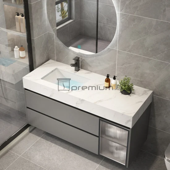 Specchio retroilluminato a LED con design moderno di lusso, larghezza 1000 mm, top in pietra sinterizzata, lavabo in ceramica, mobiletto per bagno in legno